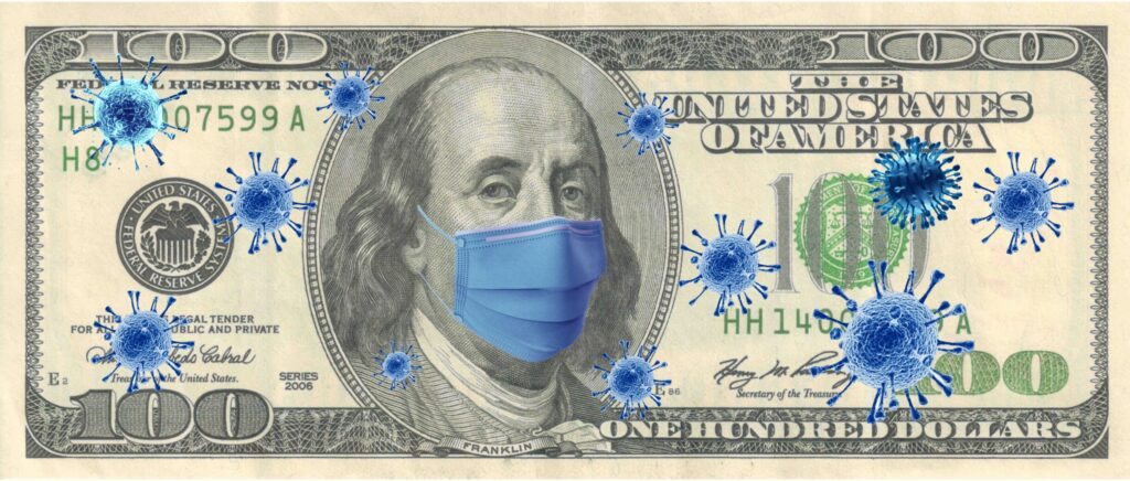 a 100 dollar bill with Franklin wearing a mask and virus shapes overlaid